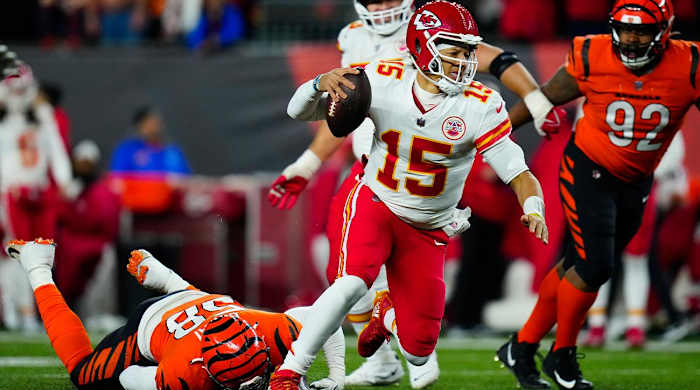 Dec 4, 2022; Cincinnati, Ohio, USA; Cincinnati Bengals defensive end Joseph Ossai (58) sacks Kansas City Chiefs quarterback Patrick Mahomes (15) on third down to force a long field goal attempt in the fourth quarter of a Week 13 NFL game at Paycor Stadium.
